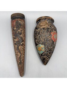 2 Vintage Tokanabe Japanese Pottery Wall Pocket Vase Black Dragon Floral Pair